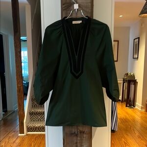Tory Burch Forrest Green 100% Cotton Tunic with Beautiful Navy Velvet Trim -Sz M